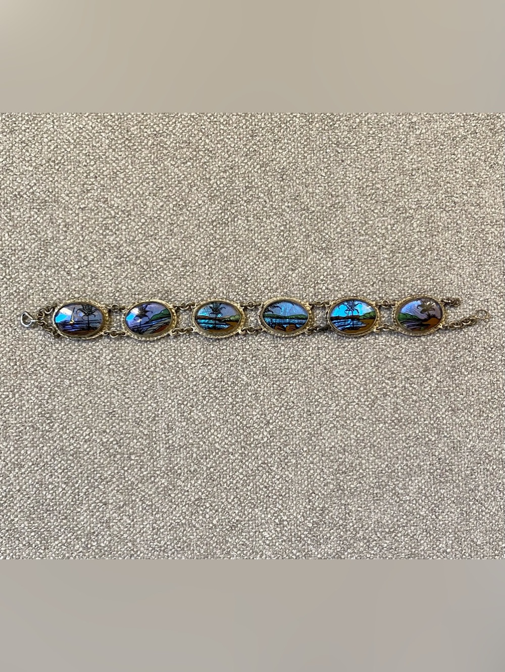 VTG Morpho Butterfly Wing Bubble Glass Reverse Painting Tropical Bracelet Ovals
